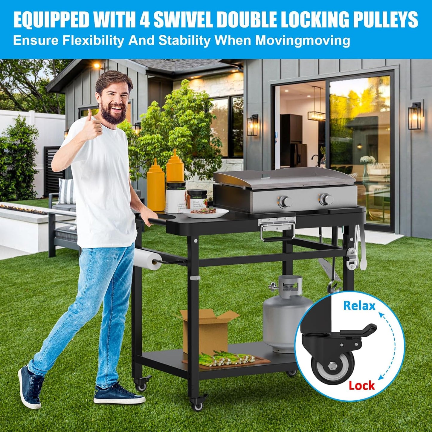 Grill Stand for Ninja Woodfire Outdoor Portable Prep Cart Table Station for Ninja XSKUNSTAND OG700 OG800 OG900 OO101 Series and Smoker Pizza Oven Accessories with Wheels & Grill Cover