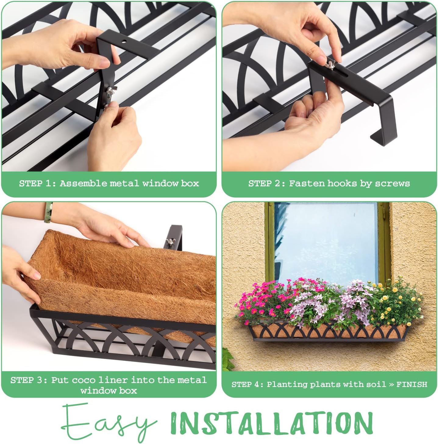 Window Box Railing, 36 Inch Black Metal Hanging Flower Planter Basket with Coco Liner for Outdoor Balcony Porch Fence Patio for Home, Office and Hotel (Black - 2 Pcs/Set)