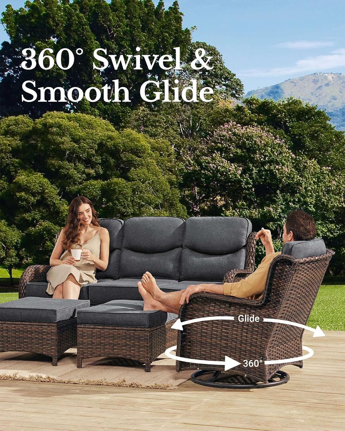 HILLGA Luxury Patio Furniture Set with 6-Inch Thick Cushions, High Back Outdoor Swivel Rocker Chairs and Patio Couch, 7-Piece All Weather Conversation Set for Porch Deck Pool Yard, Dark Grey (V3)