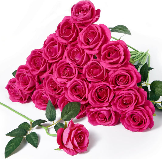 Serwalin 20pcs Artificial Roses, 4'' Big Flower Head, Hot Pink Roses Velvet Real Touch, Silk Fake Roses Long Stem Realistic Bouquet for Wedding Table Centerpiece and Home Decor