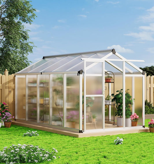 6x10 FT Greenhouse, Large Aluminum Greenhouses for Outdoors, Heavy Duty Polycarbonate Greenhouse with Roof Vent, Walk-in Green Houses for Winter Garden, Backyard, Patio, Lawn, Easy Assembly