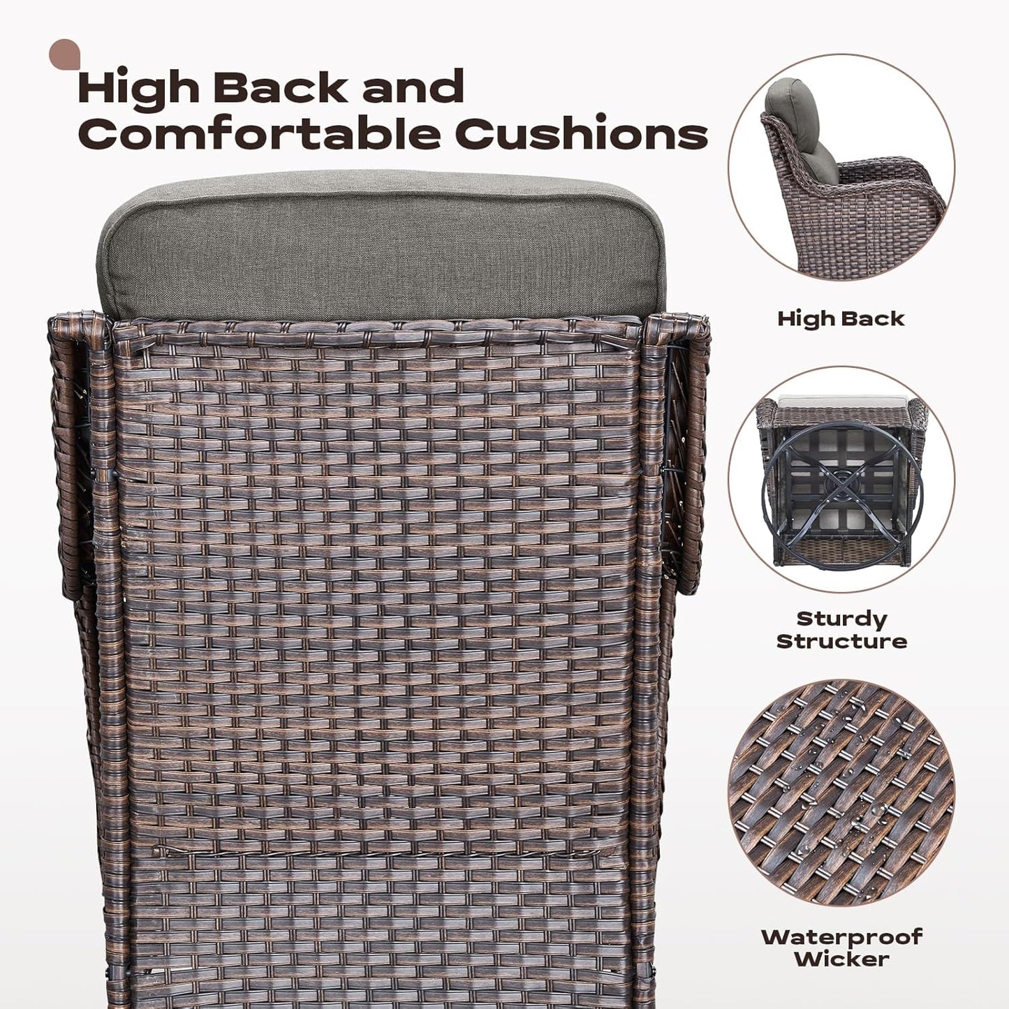 Wicker Outdoor Patio Furniture Set - 8 Piece Patio Conversation Sets with Swivel Rocker Chairs, Ottomans, Sofa and Table, 6 inch Cushions, Deep Seating, for Porch Deck Brown/Grey