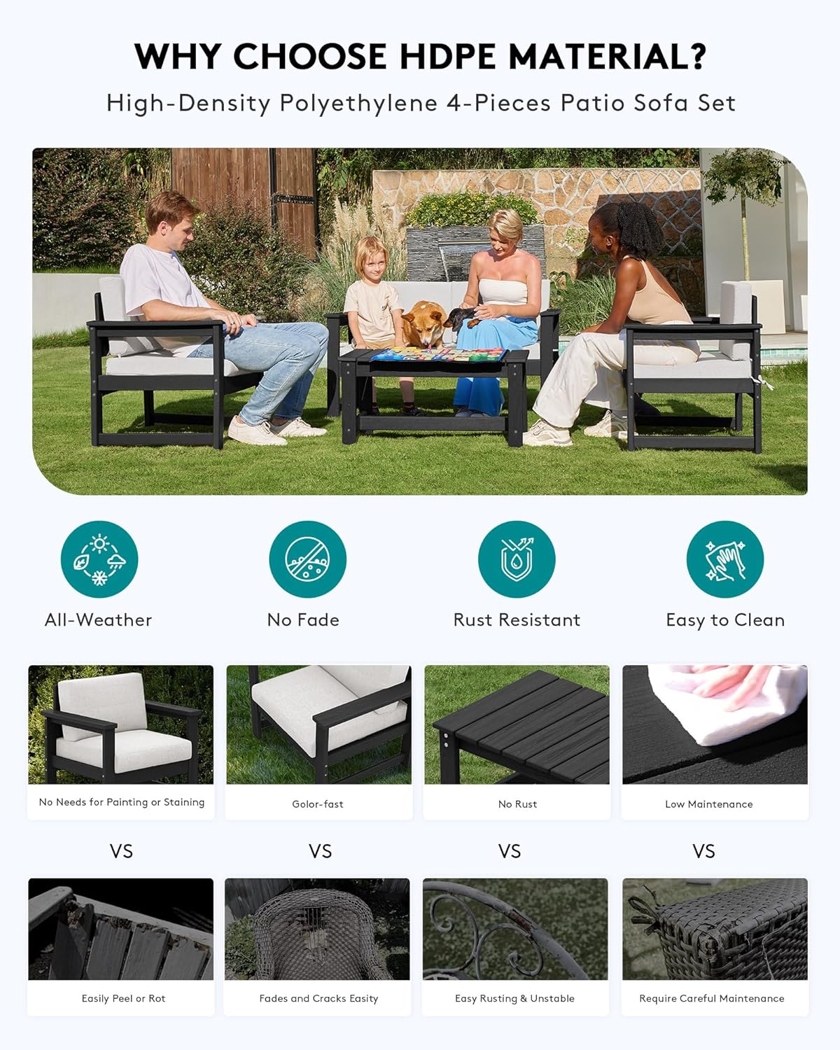 SERWALL 2 Pieces Single Cushioned Sofa Armchair, Black HDPE Adirondack Outdoor Sofa Lounge with Khaki Cushion