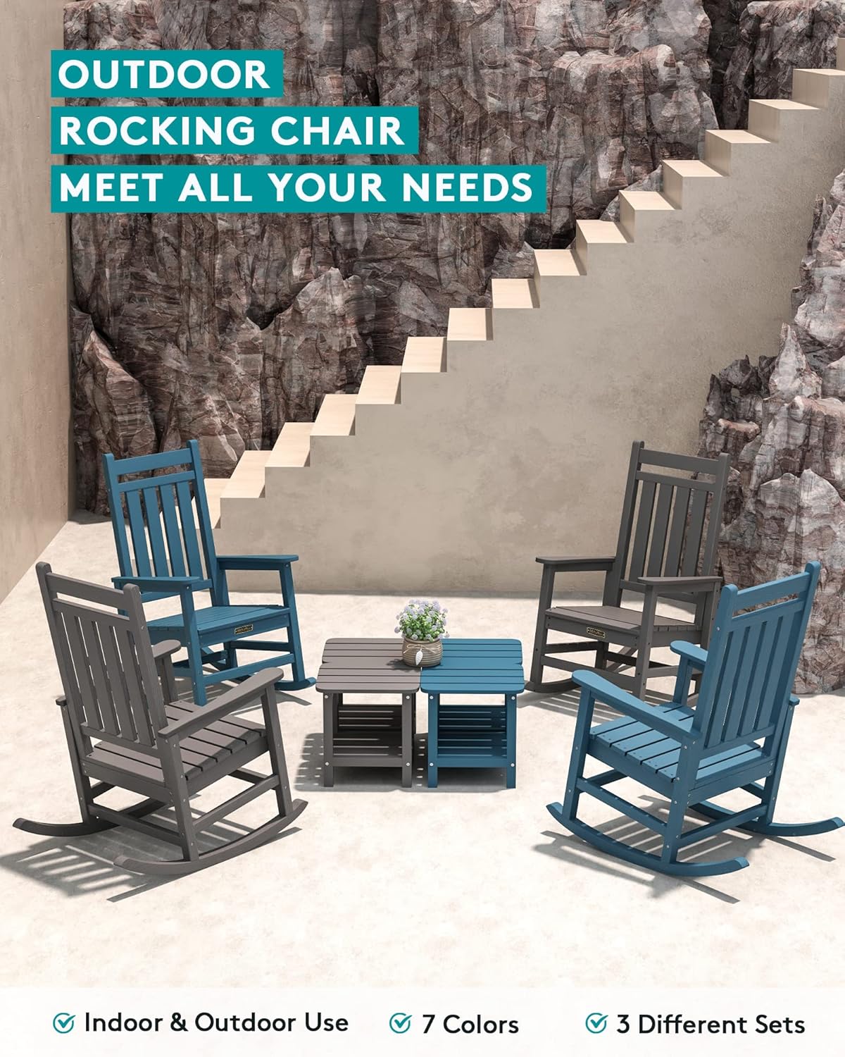 SERWALL Oversized Rocking Chair, Outdoor Rocking Chair for Adults, All Weather Resistant Porch Rocker for Lawn Garden, Grey