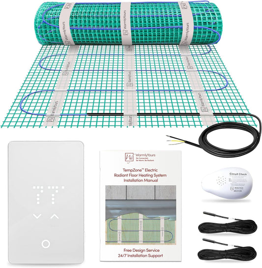 49 Sqft Heated Floor Mat Kit with Radiant Floor Heating System Thermostat UTN5, Two Sensors, Tester, 120V Electric Radiant Floor Heating Mat installs under Bathroom Tile, Vinyl - WarmlyYours TempZone