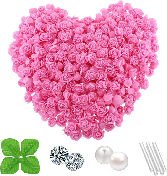 500 Pcs 1.4 Inch Mini Artificial Flowers Head Bulk 5 in 1 Set Faux Foam Fake Small Rose Tiny Baby Flores Bouquet Cake Gift Home Decoration DIY Craft (Pink)