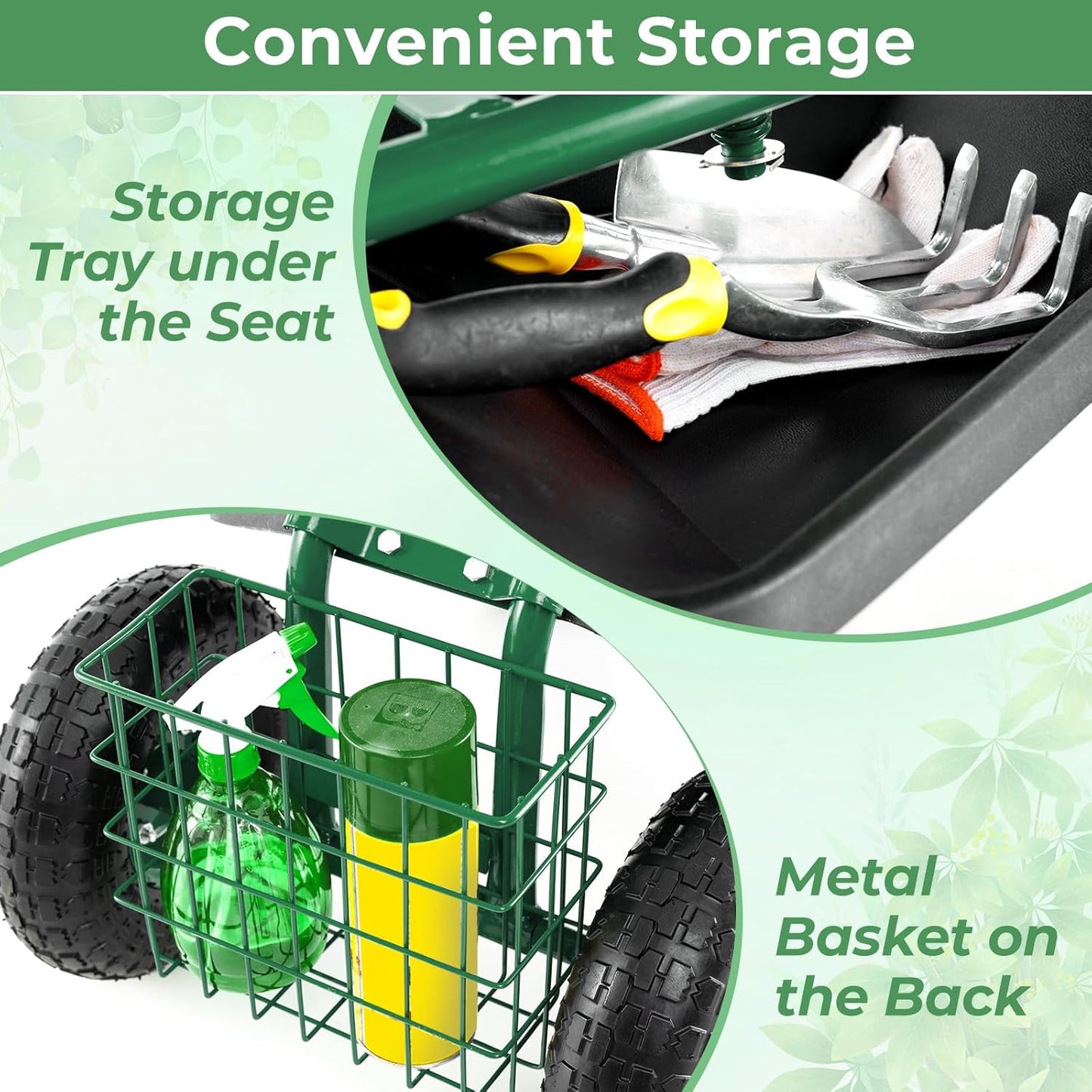 S AFSTAR Rolling Garden Cart, Wagon Scooter with 360° Swivel Seat, Storage Tray, Basket & Rubber Wheels, Heavy-Duty Gardening Tool Cart for Weeding, Patio & Yard (Green)