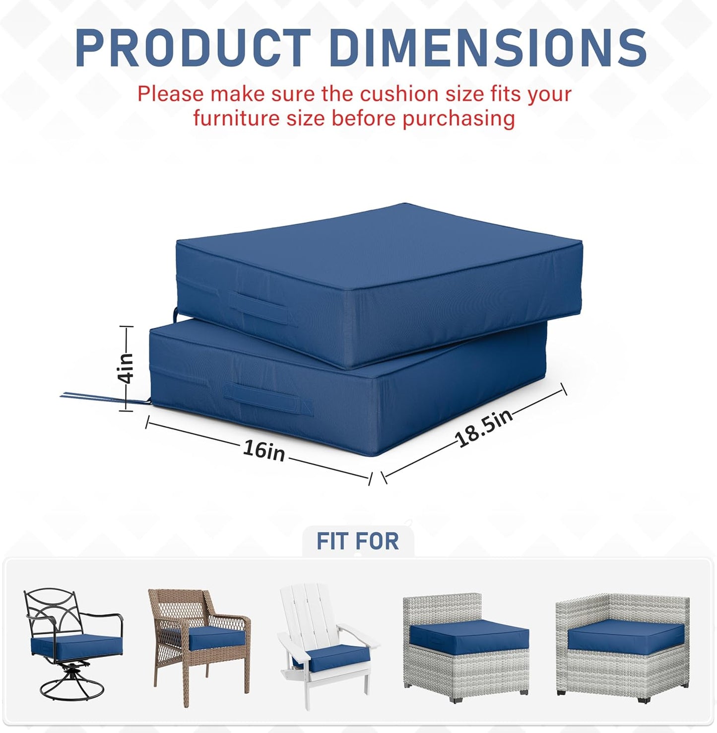 Patio Chair Cushions 18.5 X 16 X 4 Inch Waterproof Outdoor Seat Cushions for Patio Furniture, Outdoor Sofa Couch Pads with Ties & Handle, Set of 2, Blue