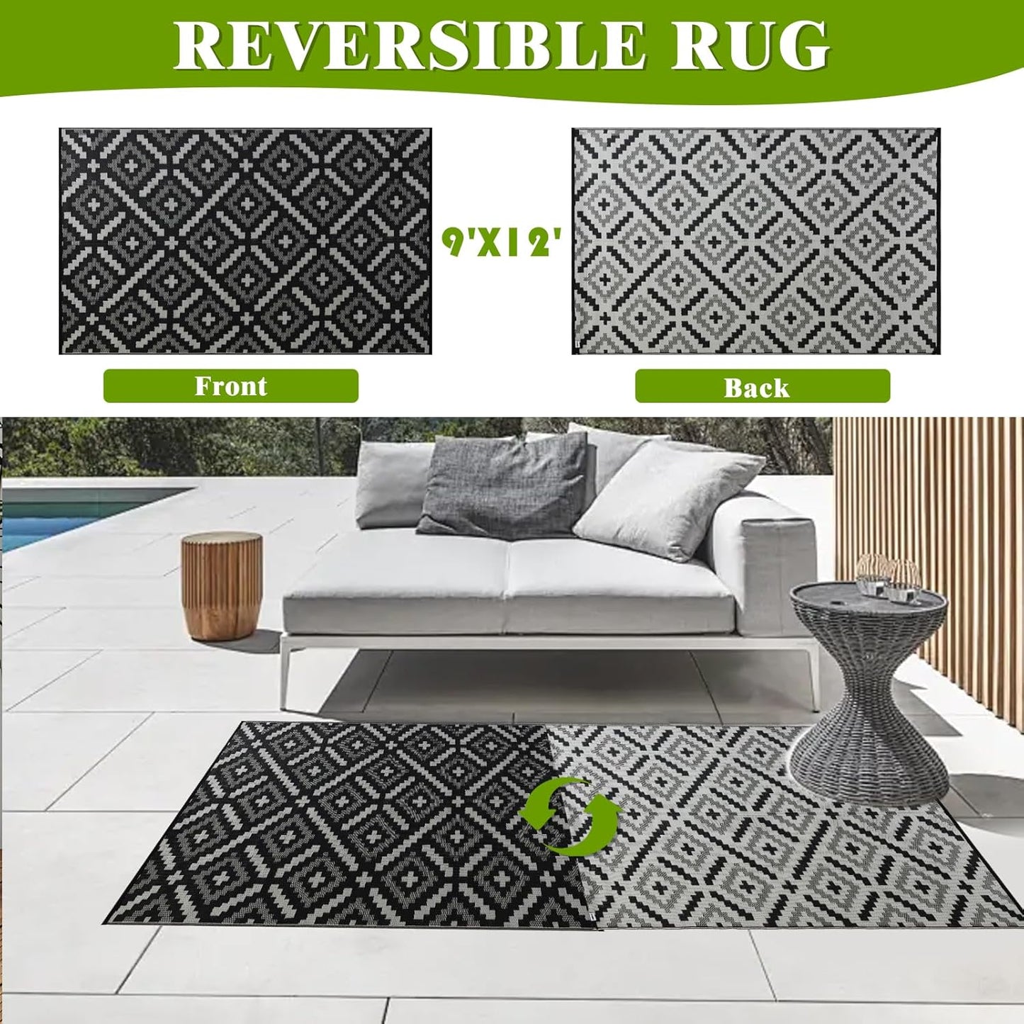 Outdoor Rug 9x12 ft Waterproof, Reversible Outdoor Plastic Straw Rug for Patios Clearance, Outdoor Area Rug Carpet RV Mat for Camping Backyard Deck Porch