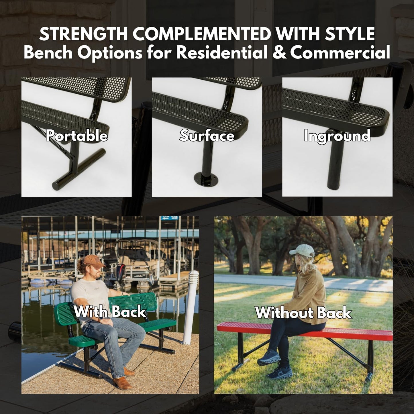 Coated Outdoor Furniture Heavy-Duty Portable Outdoor Bench Thermoplastic Coated, Expanded Metal, Commercial-Grade Seating, Made in America (Portable with Back, 8 Ft, Green)