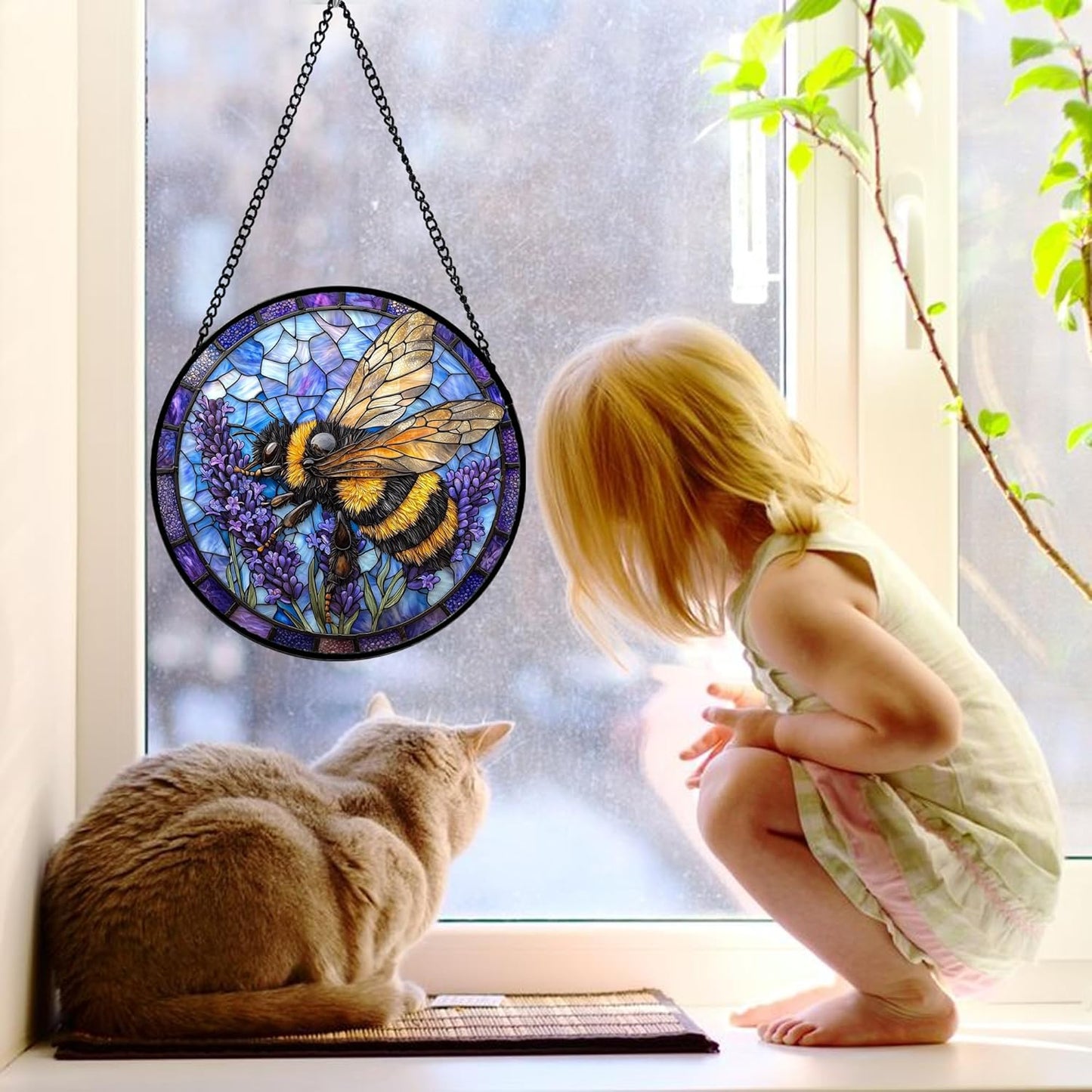 Stained Glass Window Hanging, Bee Lavender Sun Catchers Diamond Glass Panel Hangings Insect Suncatcher Decor for Birthday for Women, Men, Wife, Aunt, and Mom 9.8 in