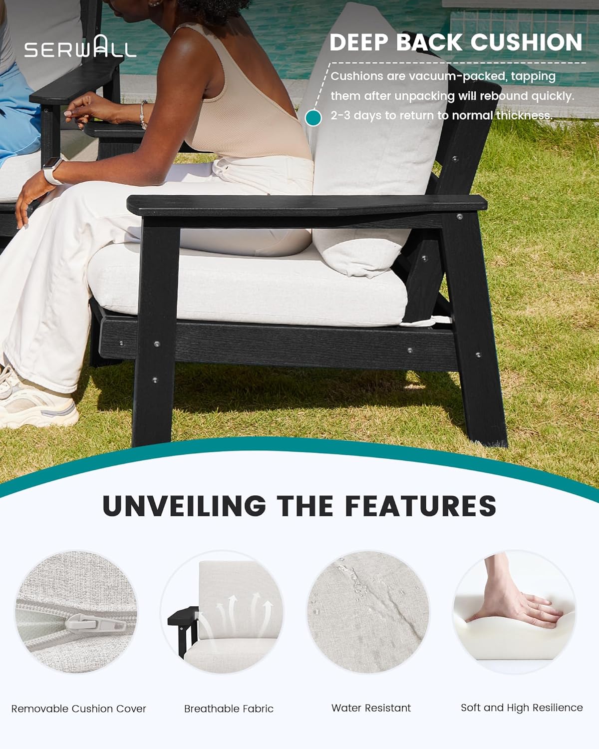 SERWALL HDPE Patio Furniture Set, 5 Piece All Weather Wood-Like Sectional Outdoor Furniture Set, Black Patio Sofa Couch with Khaki Cushions for Deck, Lawn