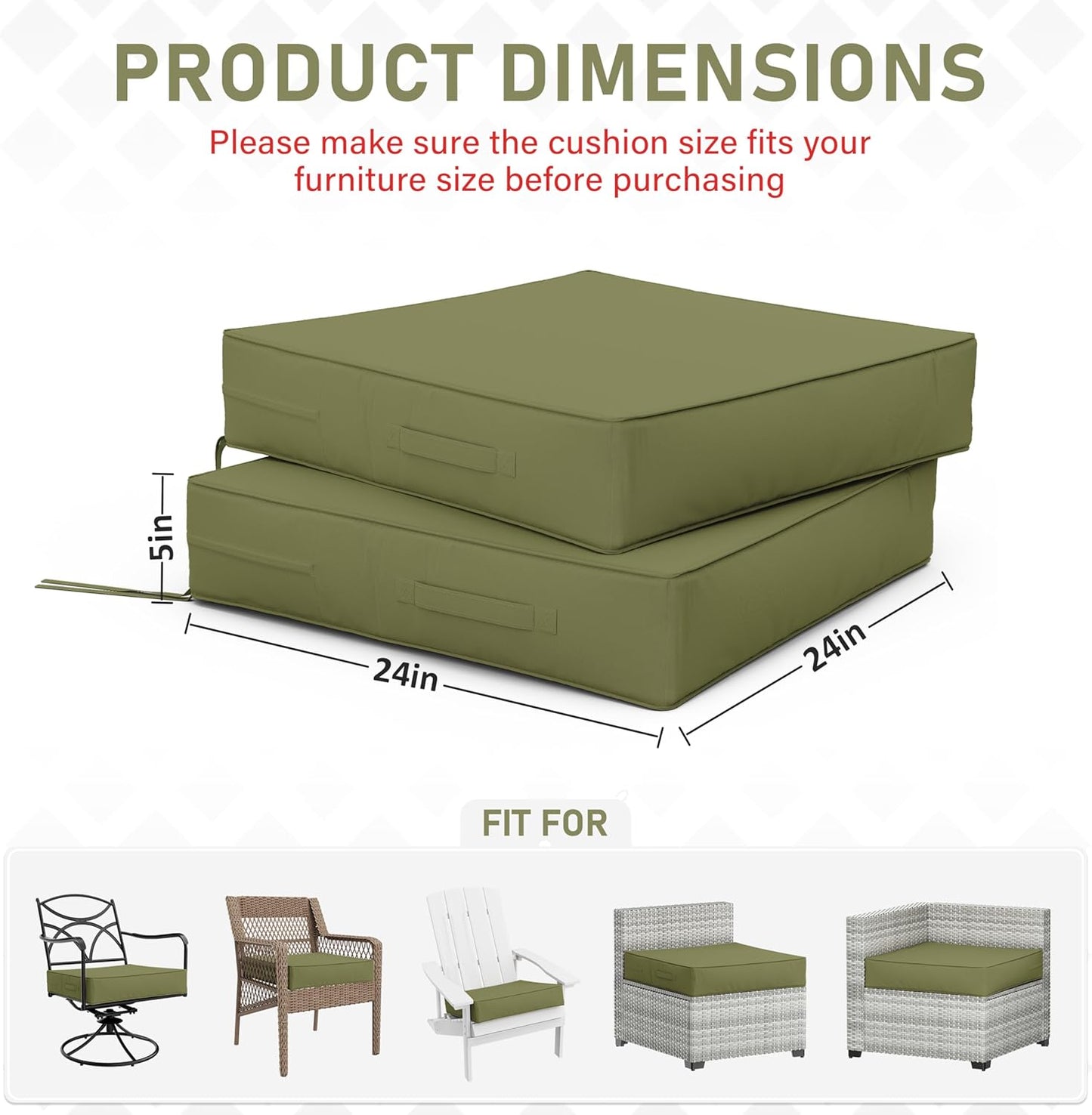 Patio Chair Cushions 24 X 24 X 5 Inch Waterproof Outdoor Seat Cushions for Patio Furniture, Outdoor Sofa Couch Pads with Ties & Handle, Set of 2, Light Green