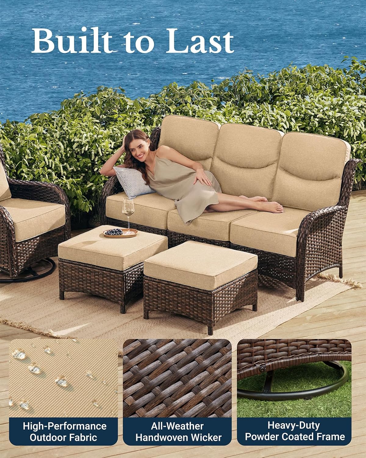 HILLGA Luxury Patio Furniture Set with 6-inch Thick Cushion, Outdoor Couch and High Back Swivel Rocker Patio Chairs, 10PCS Wicker Conversation Set for Deck Yard and Poolside, Beige (V2)