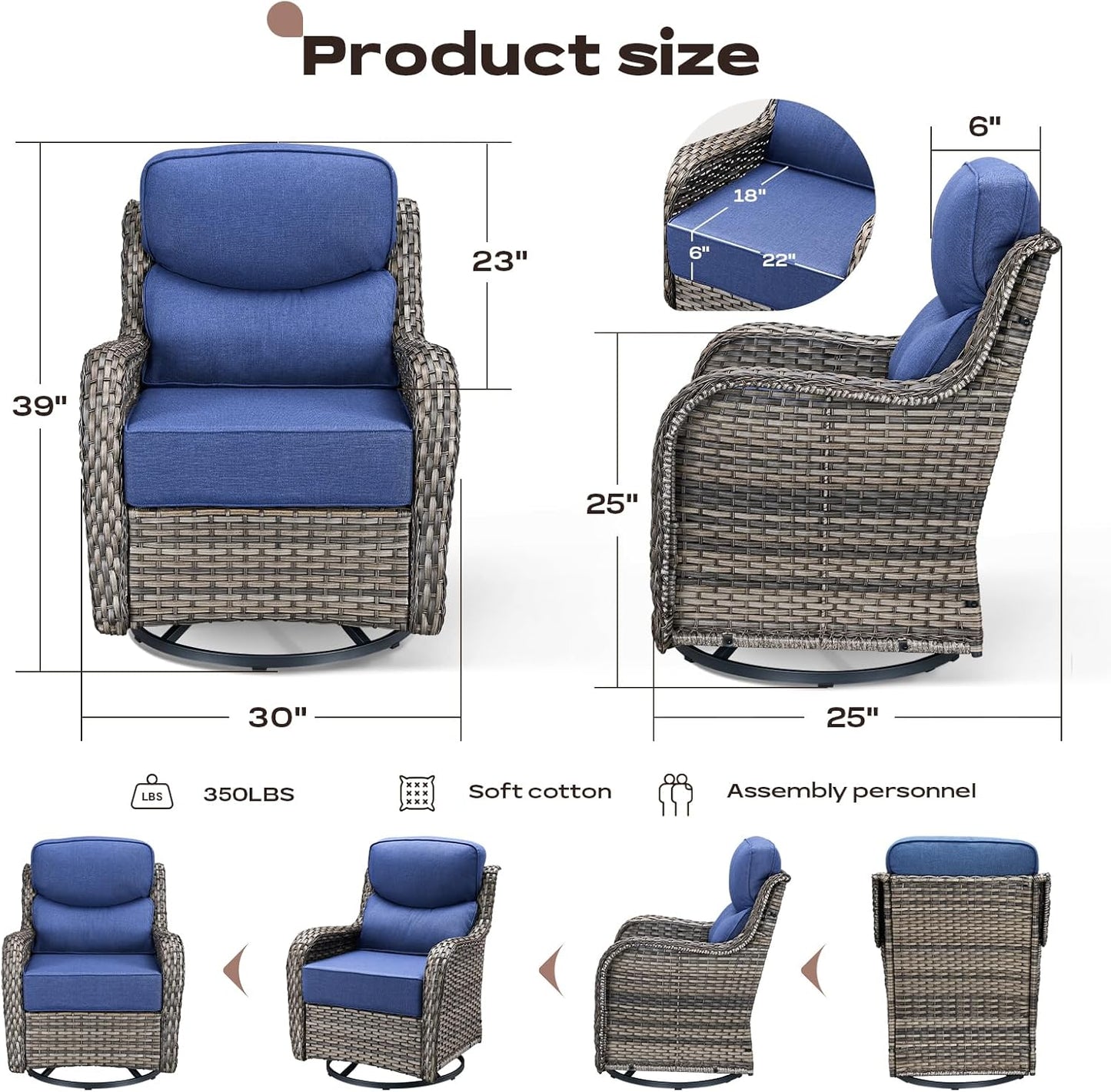Outdoor Patio Swivel Rocker Chairs Set of 2, Waterproof Wicker, High Back, Deep Seating, Wide Armrest, Upgraded 6 inch Thick Cushions, Ideal for Deck Porch Backyard, Mixed Grey/Blue
