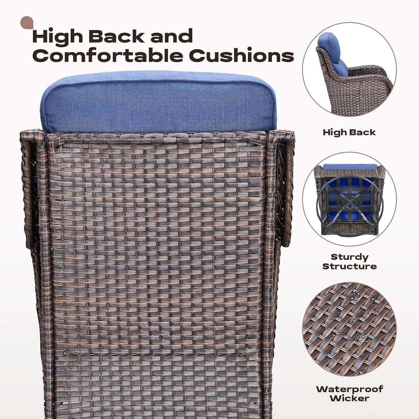 4 Piece Outdoor Patio Swivel Rocker Chairs, Waterproof Wicker, High Back, Deep Seating, Wide Armrest, Upgraded 6 inch Thick Cushions, Ideal for Deck Porch Backyard, Brown/Blue