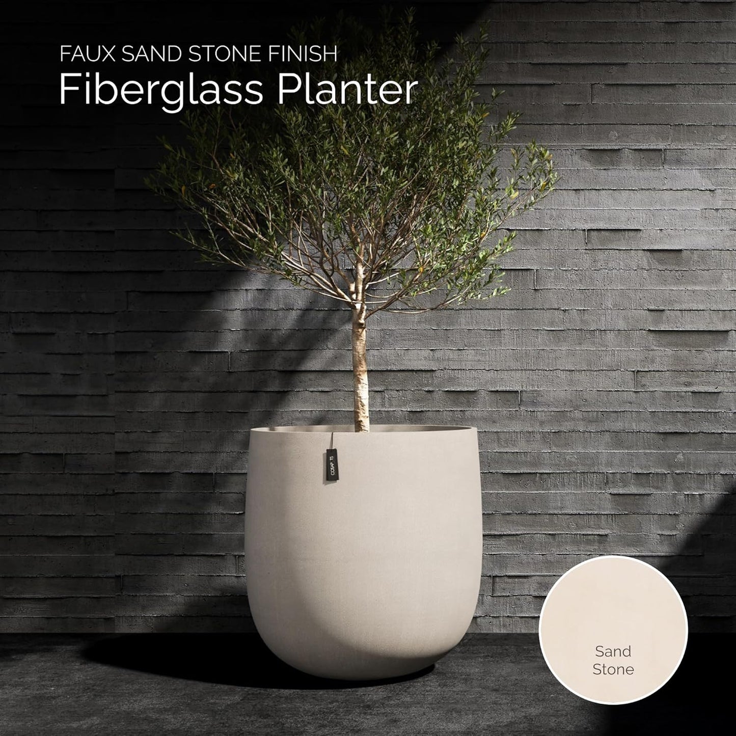 Mondo Large Planter – Sand Stone Finish – Fiberglass Indoor/Outdoor and Weather-Resistant Round Planter (39.4" D x 40" H Exterior, 37.8" D x 39.4" H Interior)