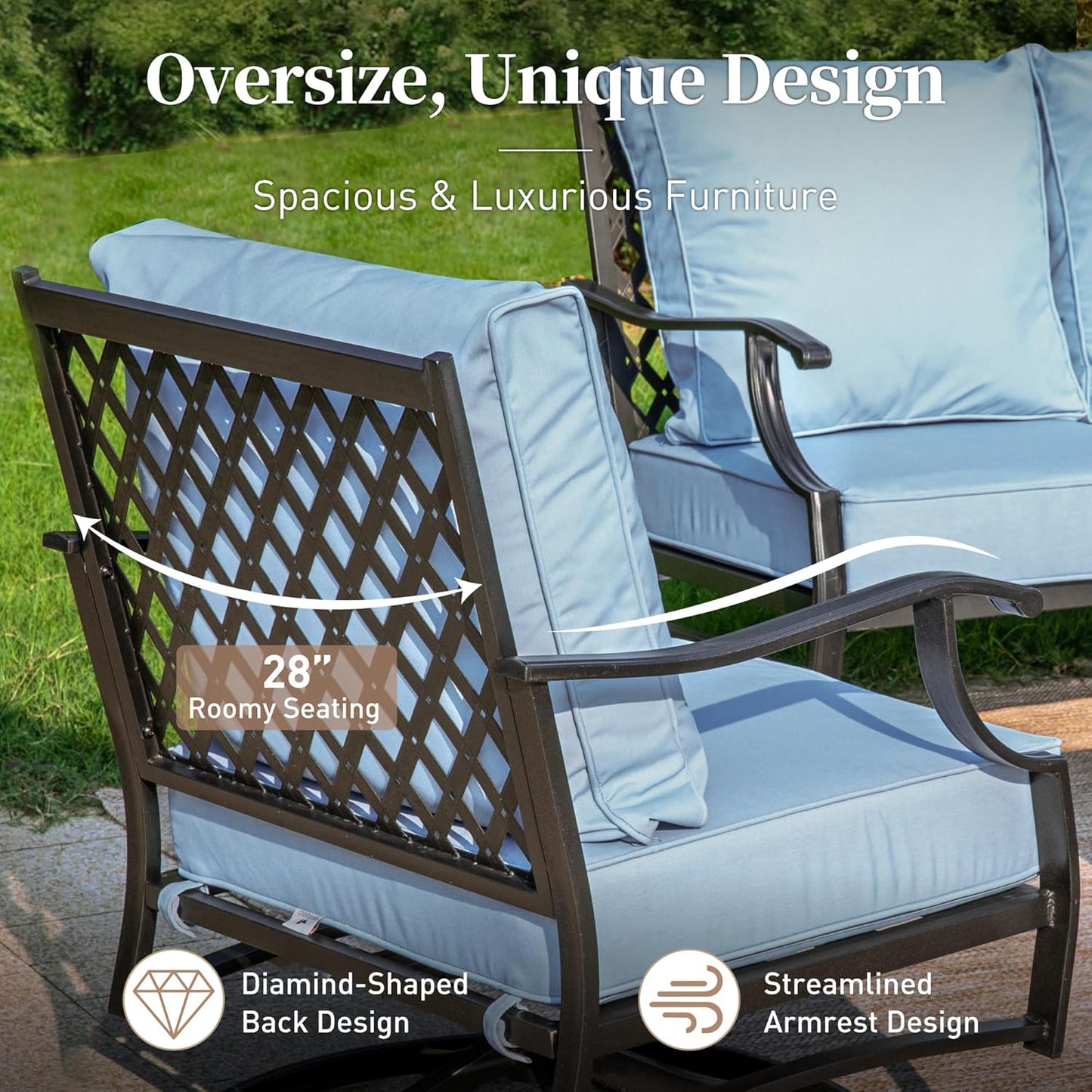 Metal Patio Chairs Set of 2 with 5.75" Extra Thick Cushion, 2 Pieces High Back Outdoor Patio Chairs All Weather Outdoor Furniture Seating for Deck Backyard Balcony Front Porch, Blue