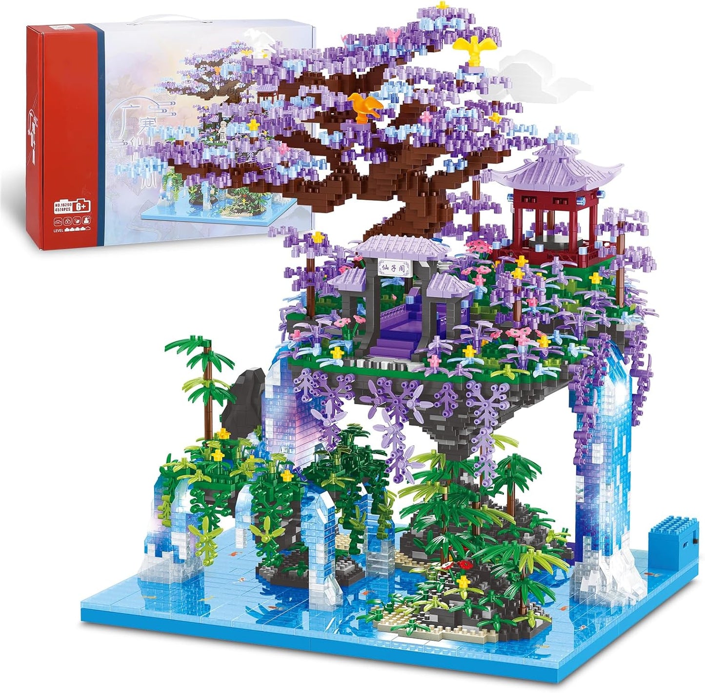 Chinese Moon Palace Pavilion Building Blocks Set - Micro Miniature Bonsai Tree House with String Lights and Flowers for Adults and Kids (4574 Pieces)