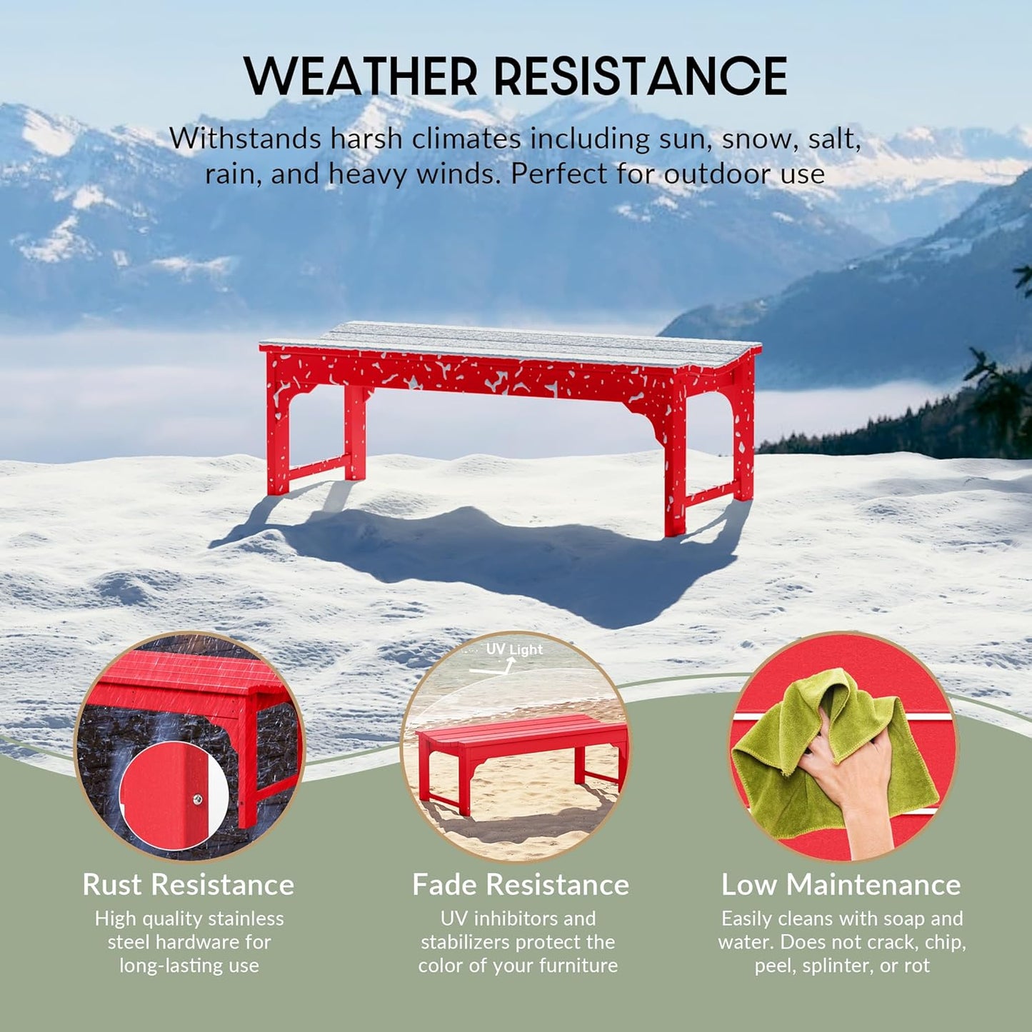 WestinTrends Malibu Outdoor Bench, All Weather Resistant Poly Lumber Backless Patio Garden Bench, Adirondack Curved Bench Seat for Comfort, Red