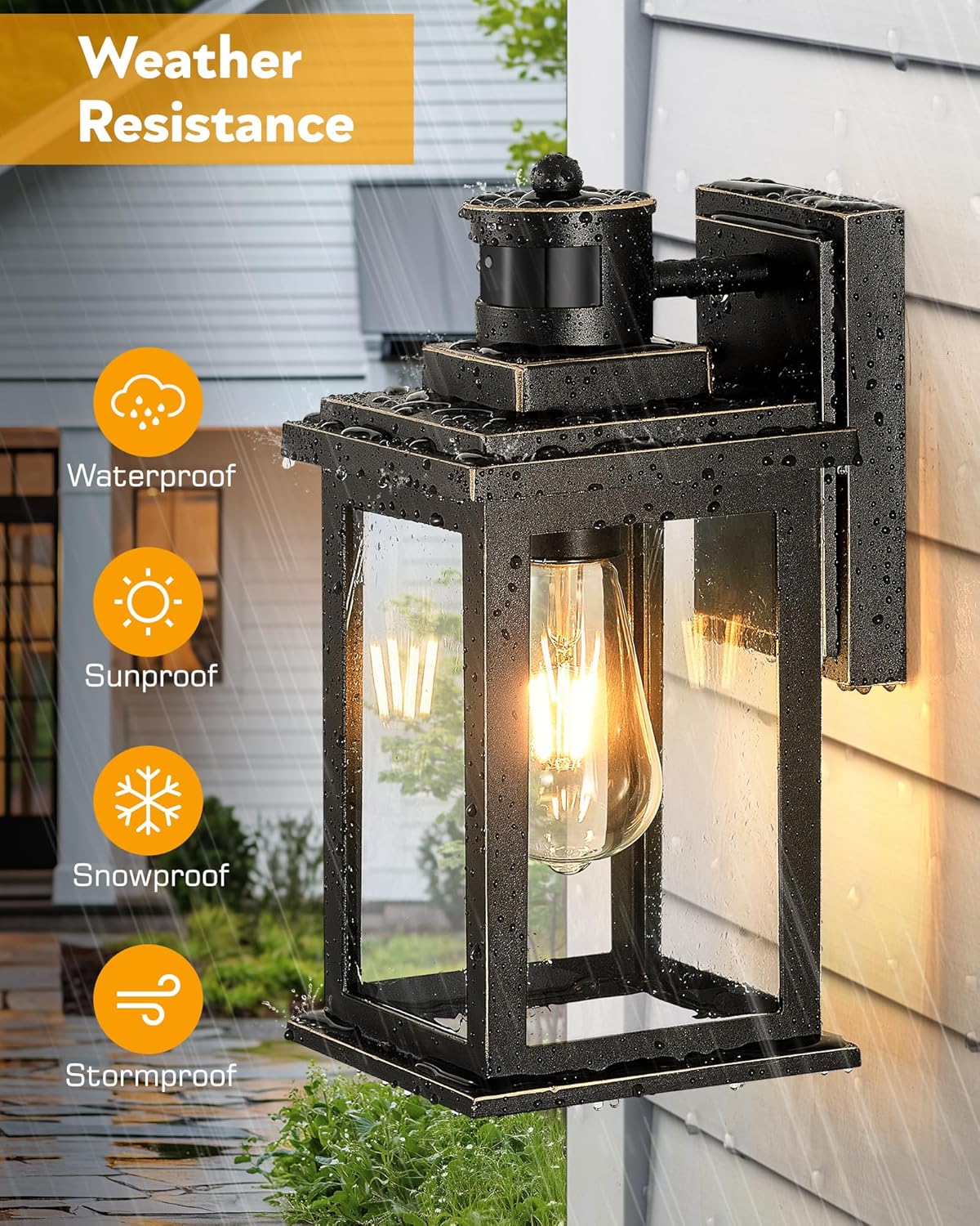 VIANIS 2 Packs Motion Sensor Outdoor Lights for House, Dusk to Dawn Front Porch Light, Black Gold Outdoor Light Fixture Sconce with Tempered Glass for House, Doorway, Entryway,Hardwired, Non-Solar