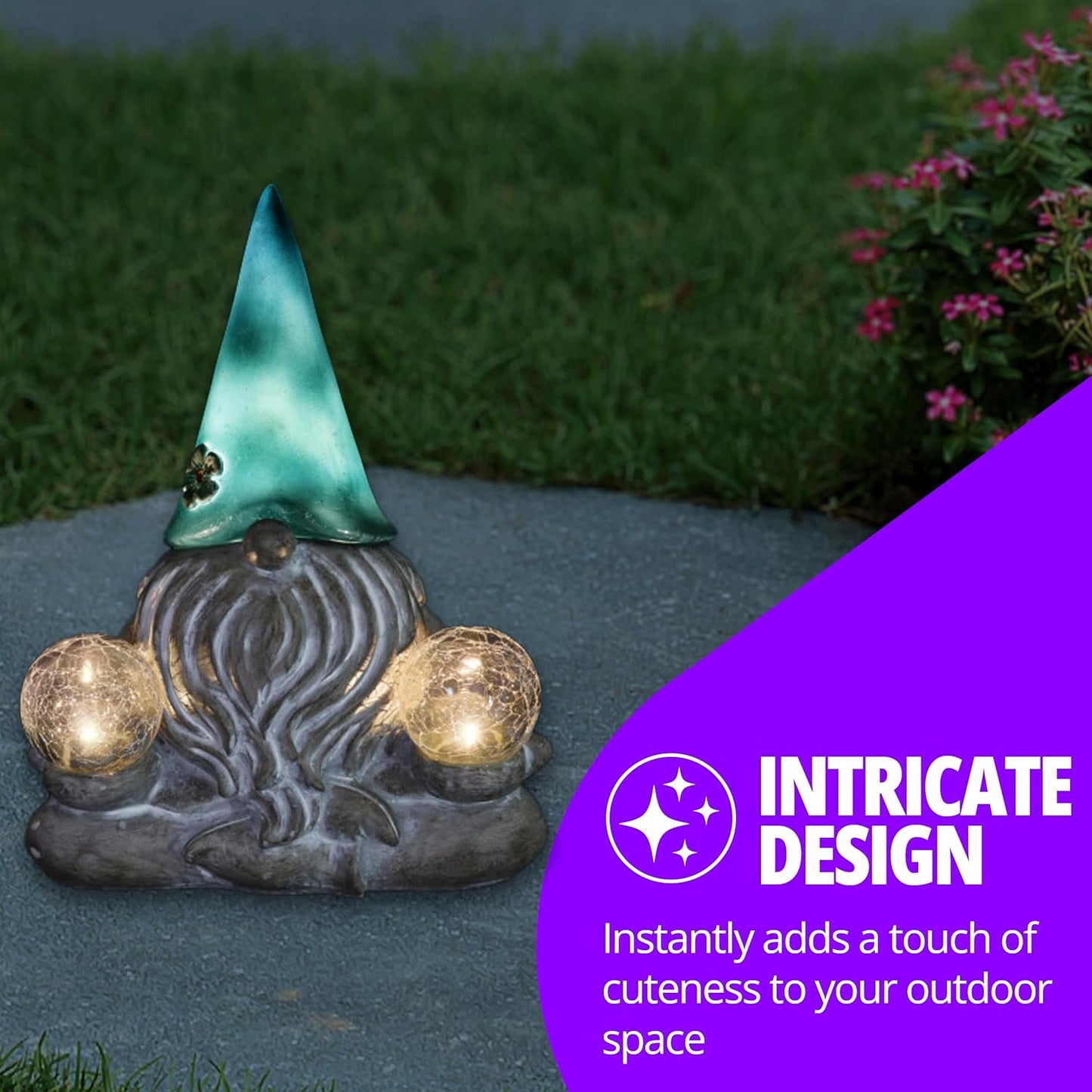 Exhart Garden Sculpture, Meditating Yoga Solar Garden Gnome Statue. LED Flower Hat with 2 Glass Crackle Balls, Outdoor Garden Decoration, 9 x 11.5 Inch