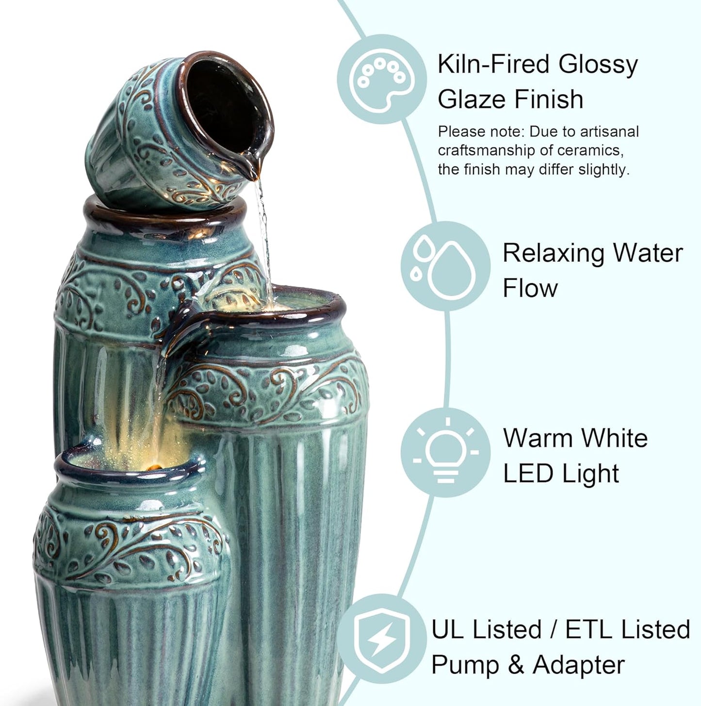 Glitzhome 27.25" H Outdoor Garden Water Fountain with LED Lights and Pump, 4 Tier Turquoise Embossed Pattern Ceramic Pots Cascading Floor Standing Fountain for Porch Deck Patio Backyard Decoration
