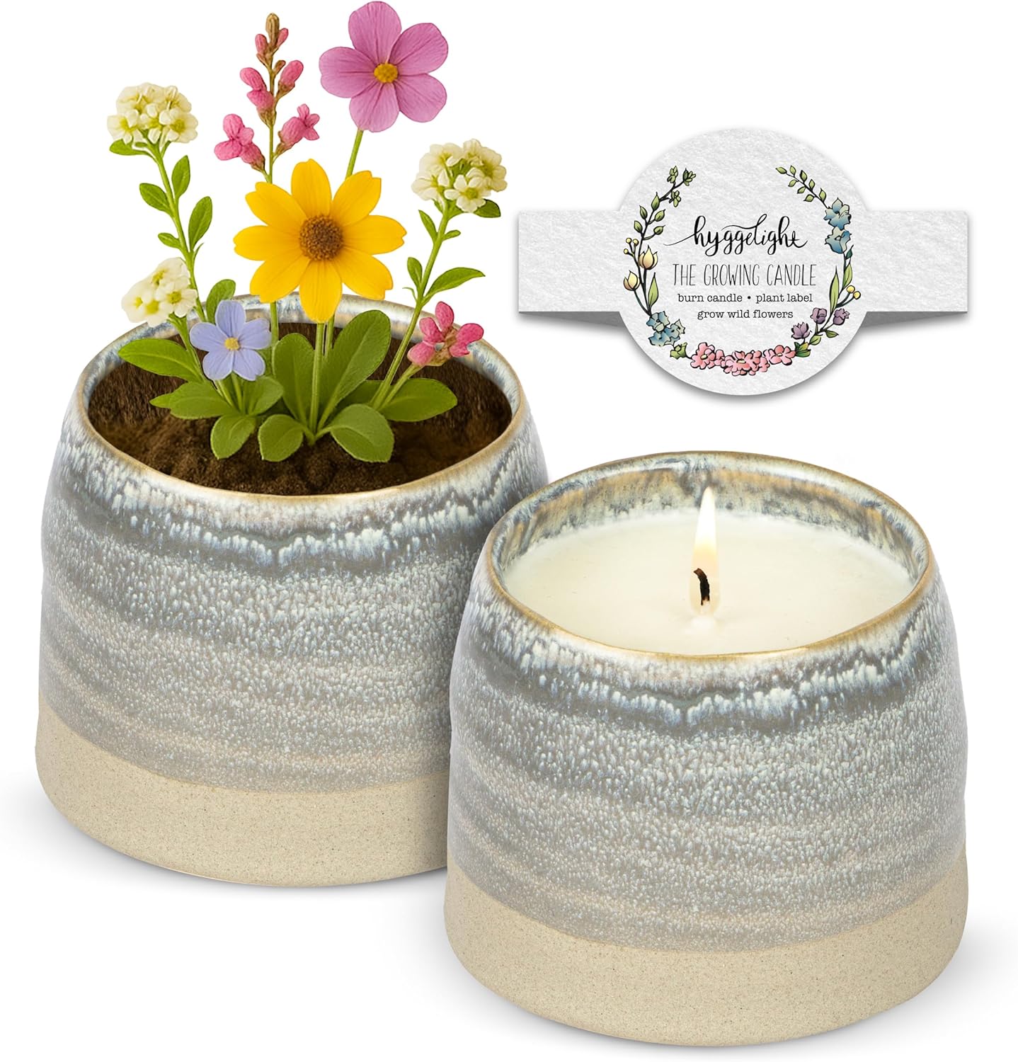 The Growing Candle, Sandalwood & Vanilla Scented, 10oz Ceramic Pot, Aromatherapy Candles for Home, 100% Soy, Greta