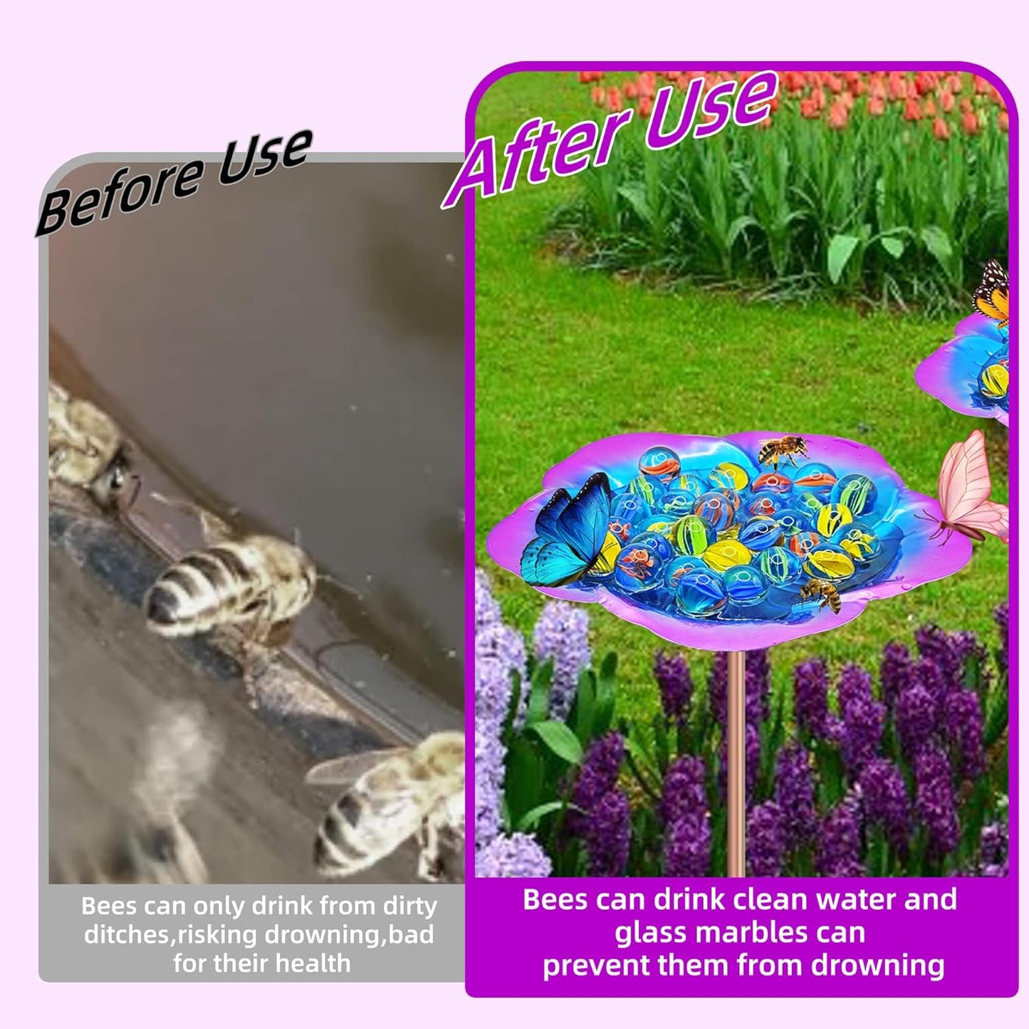 Bee Watering Station-Golden Purple Puddler Bee Bath & Feeder with Metal Stakes - 30 Glass Marbles, Vivid Flower Design, Garden Yard Decor (Purple-1PACK)