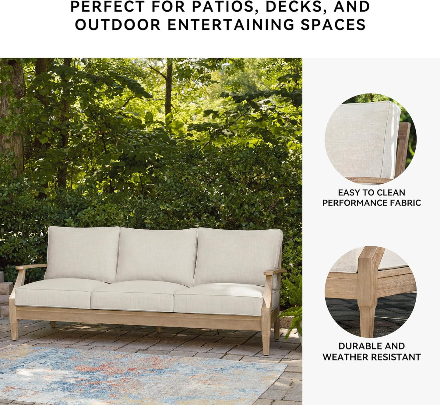 Signature Design by Ashley Carter Hall Outdoor Eucalyptus Patio Sofa with Cushion, Beige