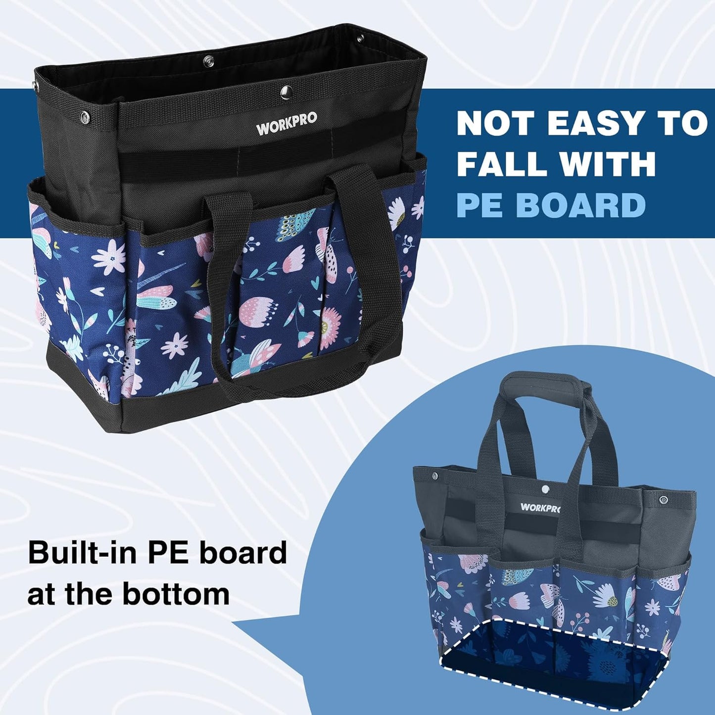 WORKPRO Garden Tool Bag, 9-Pocket Heavy Duty Oxford Tote Bag, Gardening Tool Kit Holder, 12" x 12" x 6" (Blue Insects)