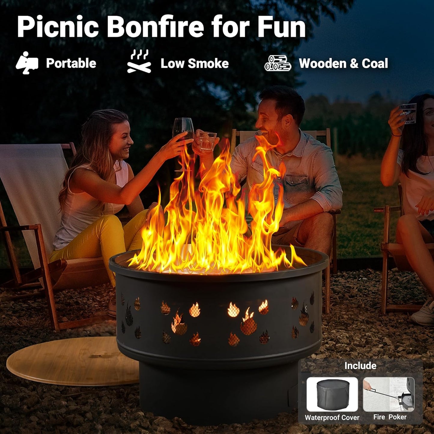 ovios 4 Pieces Patio Furniture Set with 25" Fire Pit, Outdoor Wicker Chairs of 4, All Weather High Back Rattan Chairs 4-Seater with Comfy Cushions, Beige