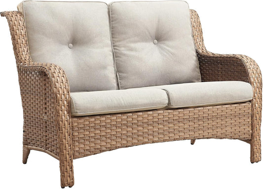 Outdoor Loveseat Patio Couch - 500 Lbs Weight Capacity Wicker Loveseat with High Backrest Wide Armrest, Small Patio Furniture Rattan 2 Seater Sofa for Balcony Deck Proch Poolside Yellow