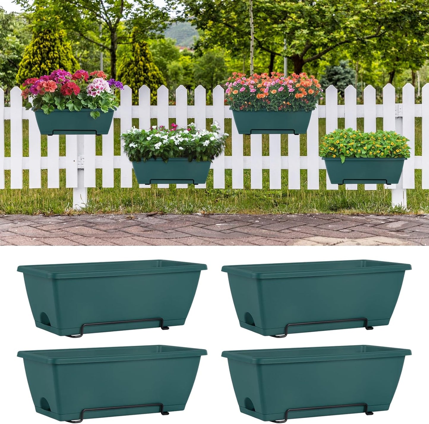 HAITRAL Railing Planter Boxes (16.9 Inch, 4 Pack) Green Plastic Deck Rail Planter for Outdoor Plants, Hanging Window Boxes Planter with Drainage Tray for Over Rail Porch Fence,Balcony & Home Decor