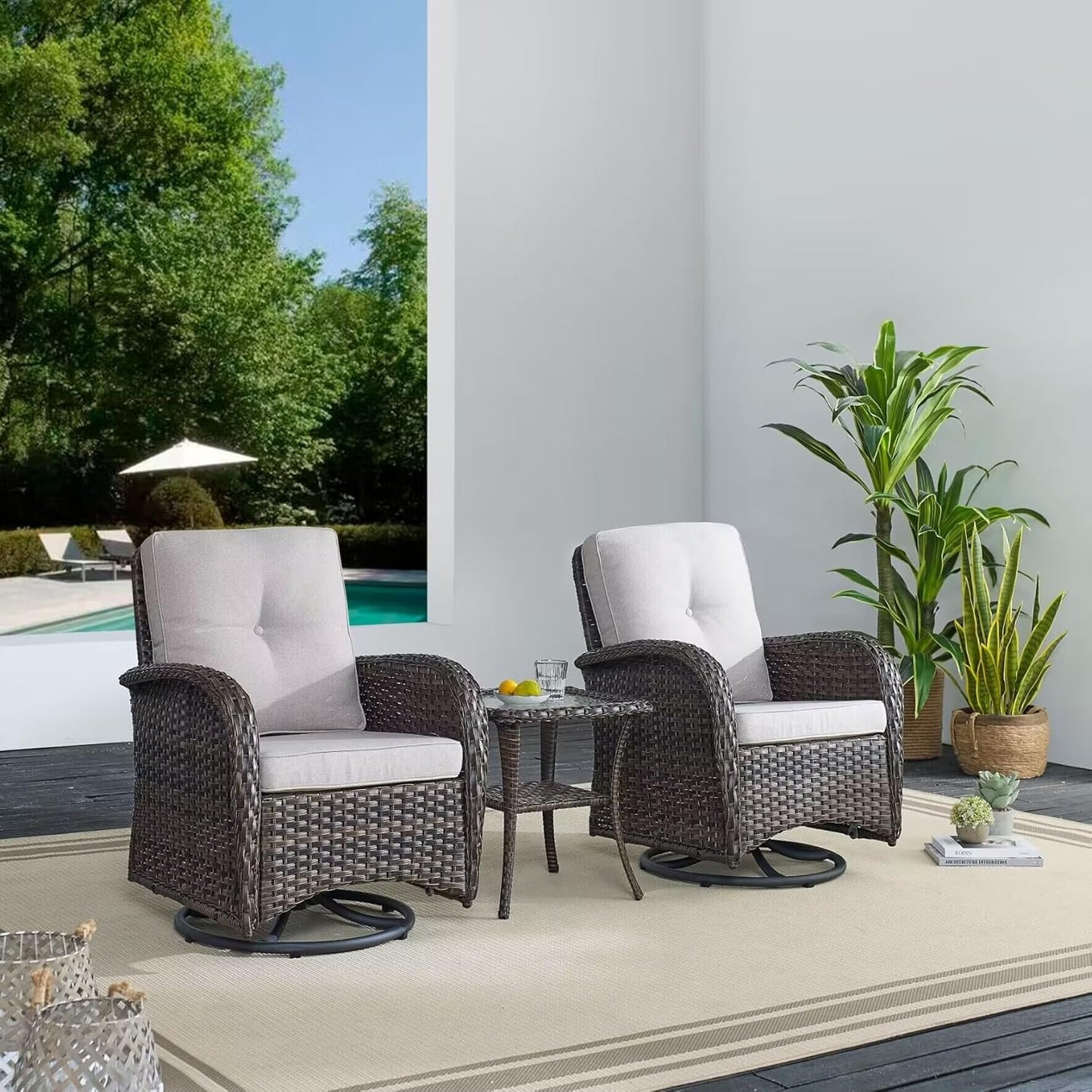 HUMMUH 5-Piece Patio Furniture Wicker Outdoor Conversation Set,All-Weather Rattan Swivel Chairs Bistro Set with Loveseat Coffee Table for Backyard,Poolside,Deck(Brown/Beige)
