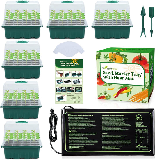 Seedfactor 7-Pack Seed Starter Tray with Heat Mat (12 Cells per Tray), Plant Germination Trays with Adjustable Humidity Dome Seed Trays Seedling Starter with Base Trays for Germination