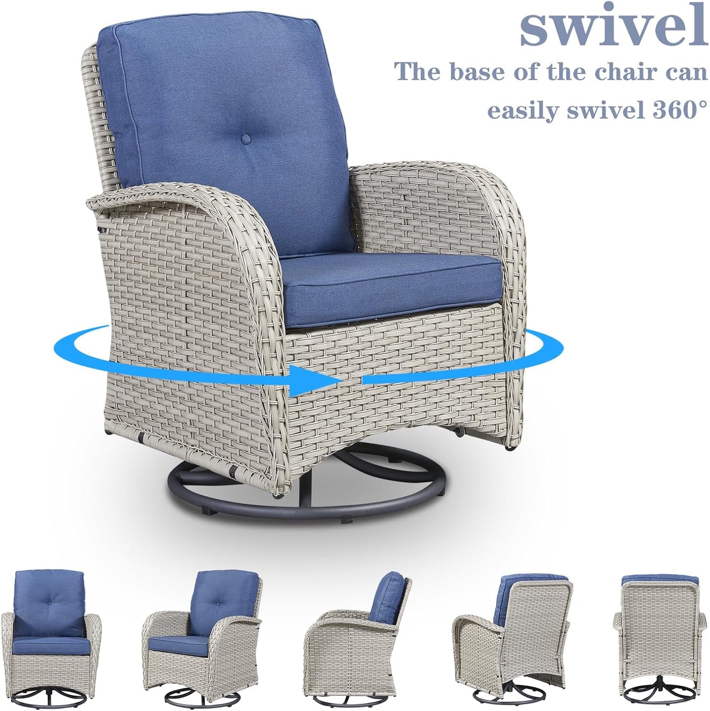 Patio Conversation Sets Wicker Furniture, 7 PCS Outdoor Swivel Rocker Furniture Set for Patio Deck Poolside, 2 Swivel Rockers 2 Club Chairs 2 Rattan Tables 1 Loveseat Included, Blue Cushion