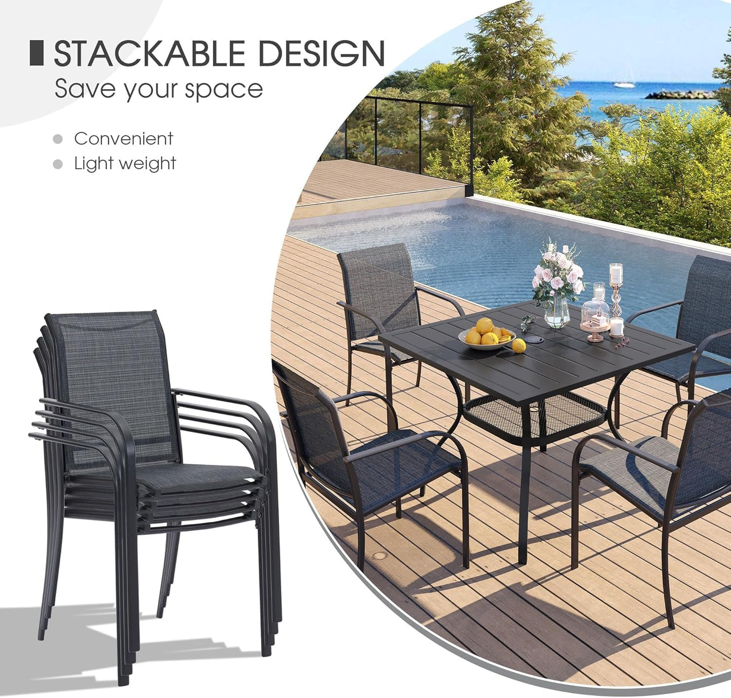 VICLLAX 5 Pieces Patio Dining Set, Outdoor Furniture Set Includes 37.8" Square Outdoor Table and 4 Stackable Patio Sling Chairs, Grey Tabletop and Grey Fabric