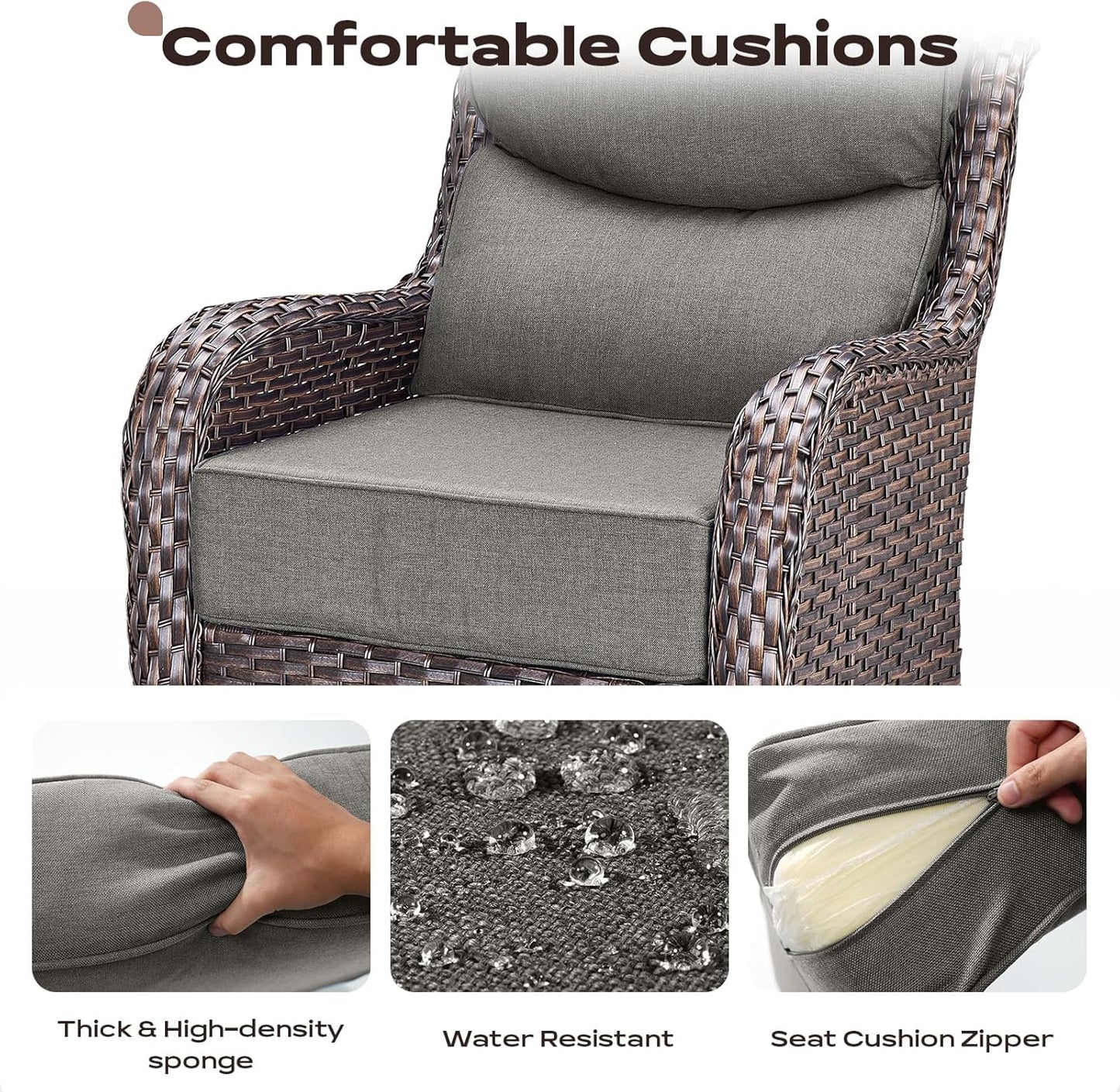 Wicker Outdoor Patio Furniture Set - 4 Piece Patio Conversation Set with Swivel Rocker Chairs and Ottomans, 6 inch Cushions, High Back, Deep Seating, for Porch Deck Garden Brown/Grey