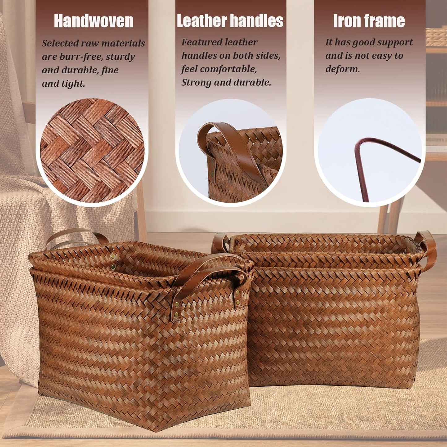 BROWNLILY Handwoven Clothes Basket Laundry Hampers Large Wicker Storage Baskets for Shelves Blankets Closet Storage Bins Car Bedroom Bathroom Organizers and Storage Bath (6, Brown)