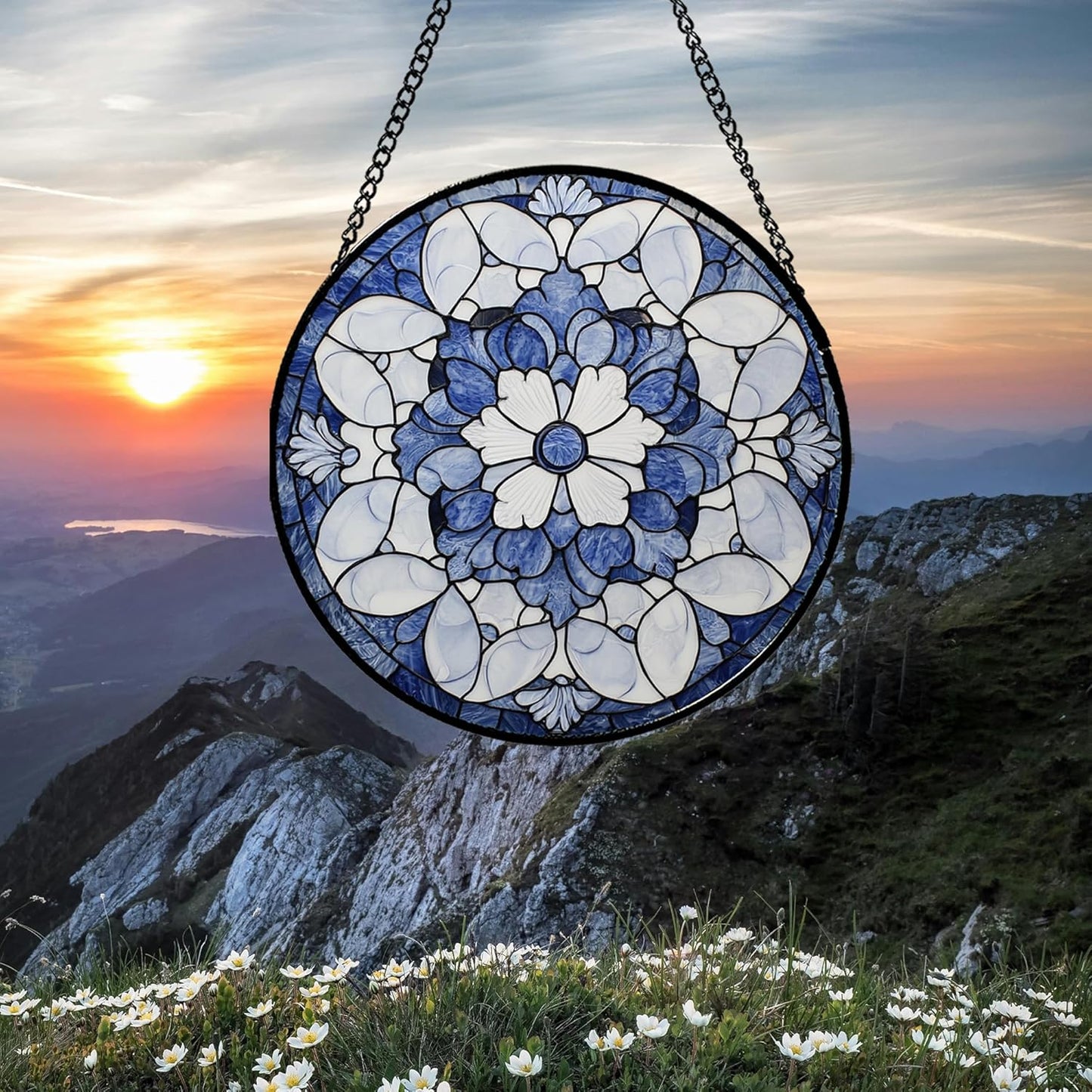 Stained Glass Window Hanging - Blue White Floral Pattern Suncatcher for Doors Garden Retro Sun Catchers Decor Christmas Mother's Day Birthday Gifts for Women Men Mom Nana Friend Girl 11.8 in