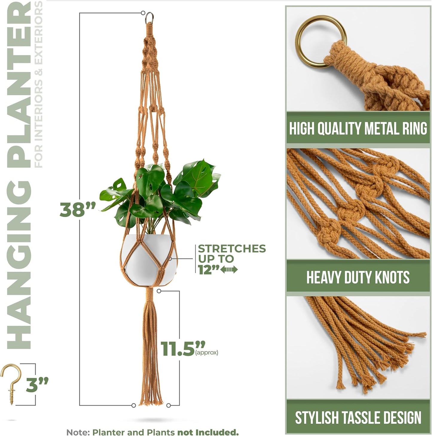 Sorbus Macrame Plant Hanger (8 Pack) Indoor Outdoor Hanging Plant Pots Cotton Rope, Elegant for Home, Patio, Garden (Brown)