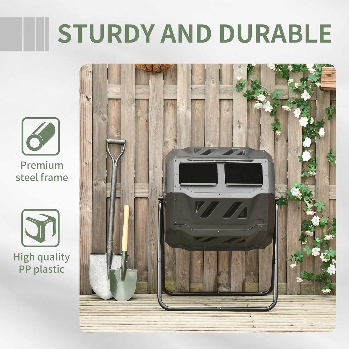Compost Bin Outdoor, 43 Gallon Dual Chamber Tumbling Composting with Sliding Doors, Large Compost Tumbler, Compost Bin for Garden, Kitchen, and Yard Waste, Black+Green