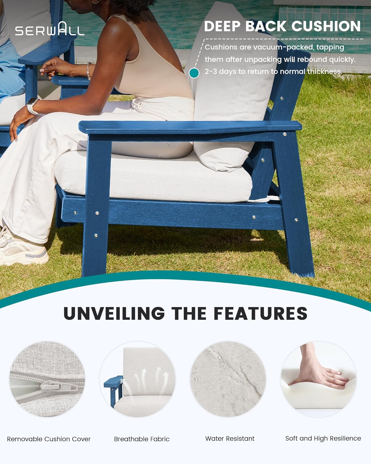 SERWALL Outdoor Patio Furniture Set, 5 Piece HDPE Patio Conversation Sets, All-Weather Wood-Like Outdoor Couch Loveseat and Coffee Table with Thick Cushions for Porch Balcony Garden Backyard
