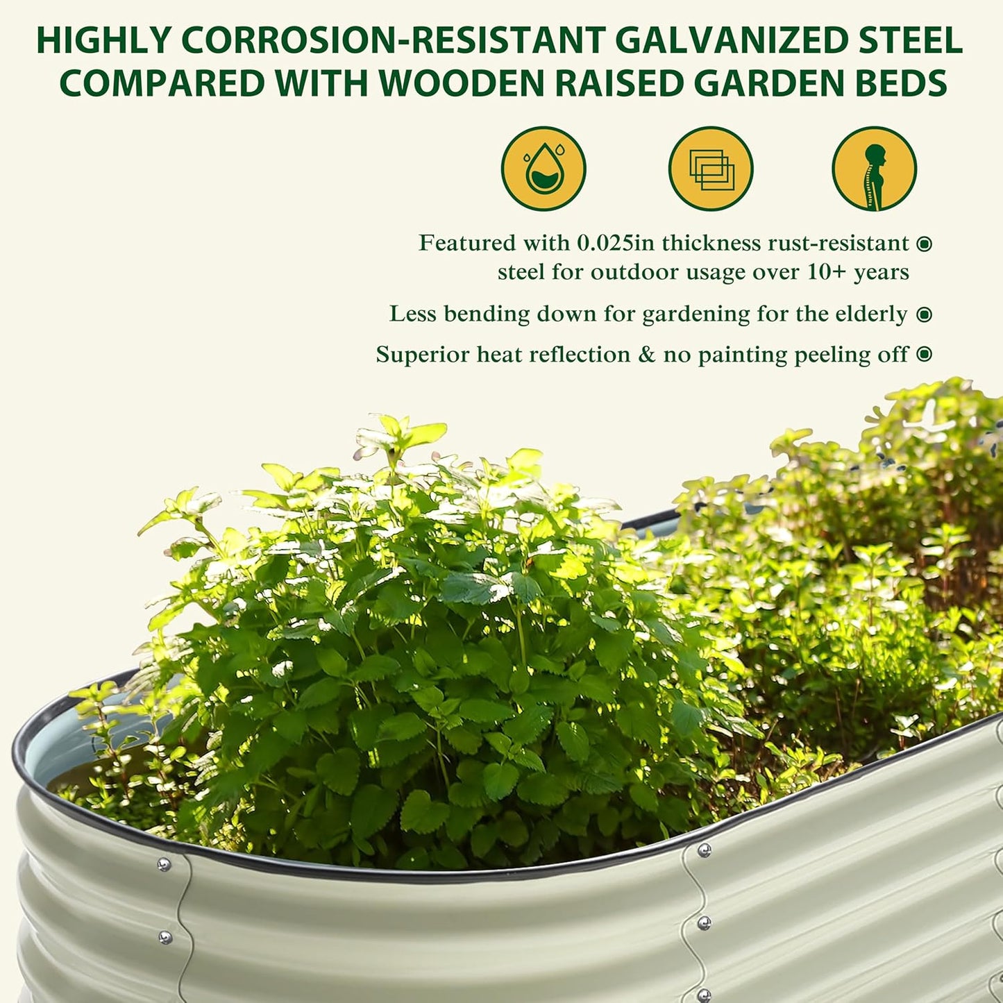 MUPATER 8x2x1 ft Raised Garden Bed Outdoor for Vegetables, 9-in-1 Galvanized Metal Planter Box, 11.1'' H Modular Garden Bed Kit Oval for Herbs and Flowers, Pearl White