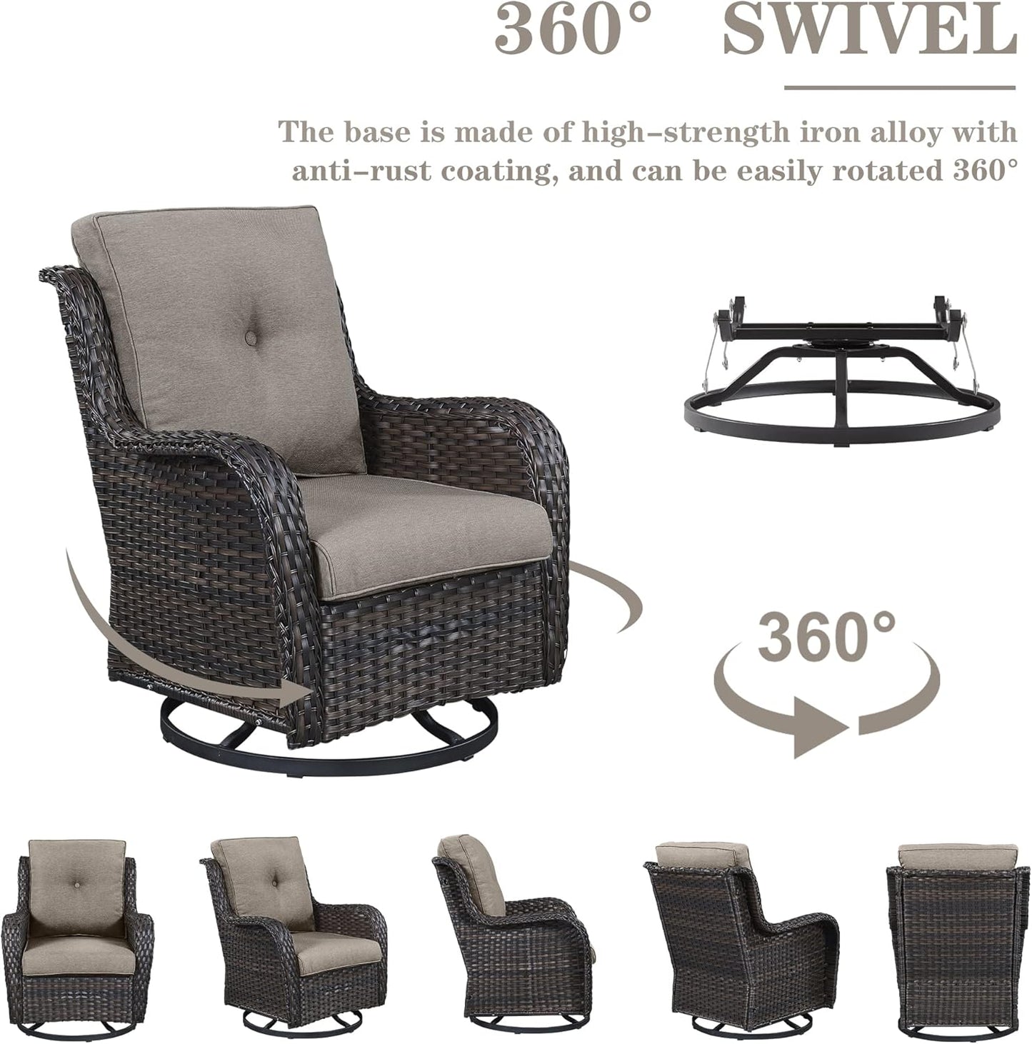 5 Pieces Patio Wicker Furniture Set - 4 Outdoor Swivel Rocker Glider Chairs with 50000BTU Propane Fire Pit Table, Warm Patio Conversation Set Grey Cushion Perfect for Casual Gathering