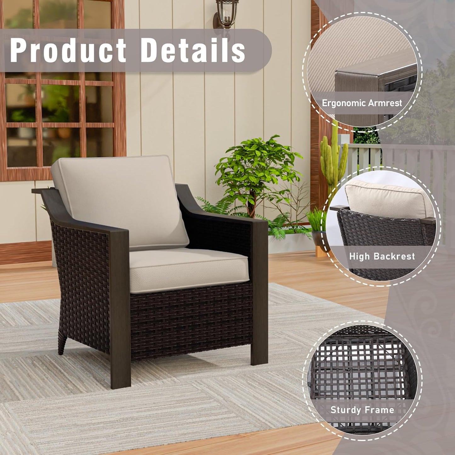 Outdoor Wicker Chair Set of 2, All-Weather Use Patio Rattan Chair with Removable Water-Resistant Cushion, Ideal for Porch, Backyard, Balcony, Poolside, Beige
