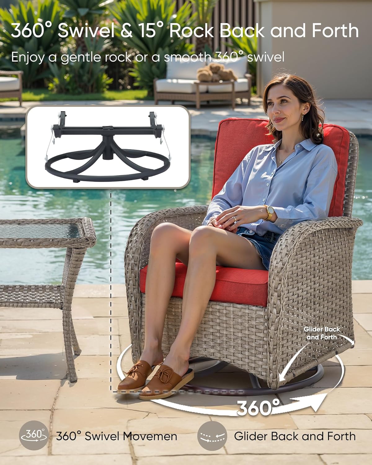 Patio Furniture-All Weather Wicker Patio Conversation Sets with Swivel Patio Chairs High Back Outdoor Couch with Swivel Rocking Chairs Outdoor Furniture for Deck Lawn Porch Balcony Poolside-Grey/Red