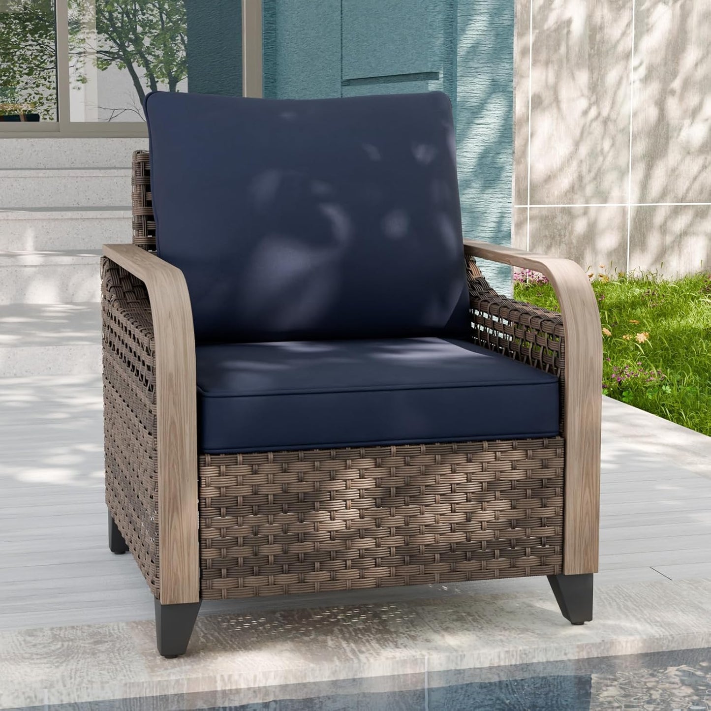 EAGLE PEAK Modern Wicker Outdoor Chair, Patio Chair Curved Armrest, Rattan Patio Furniture for Yard Deck Porch Garden, 1 Chair, Brown/Blue