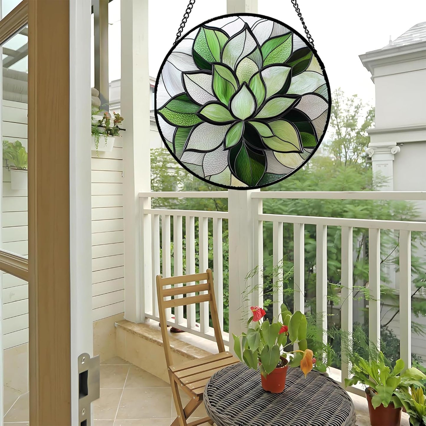 Stained Glass Window Hanging - Green Succulent Plants Suncatcher for Doors Garden Patio Floral Sun Catchers Decor Christmas Mother's Day Birthday Gifts for Women Men Mom Nana Friend 6.3 in